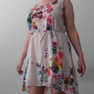 White floral print chiffon high low dress